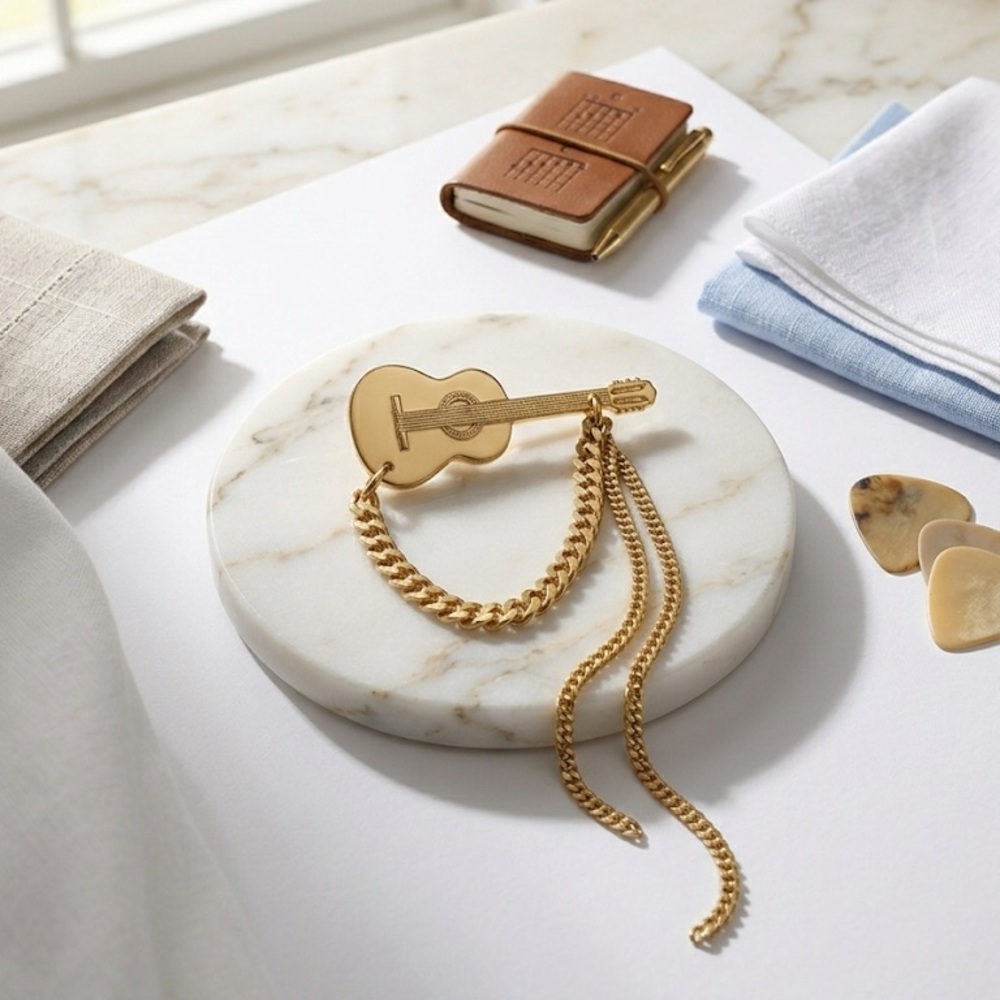 Handmade Gold Guitar Pin with Draping Chains, Unique Musician Gift music brooch